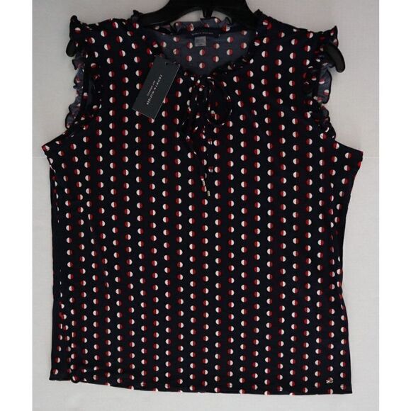Tommy Hilfiger Women's Sz L Navy Polka Dot Sleeveless Ruffled Edge Blouse $60 - Picture 6 of 7
